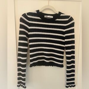 Zara | Knit Pointelle Striped Black White Stretch Long Sleeve Top crop Sweater